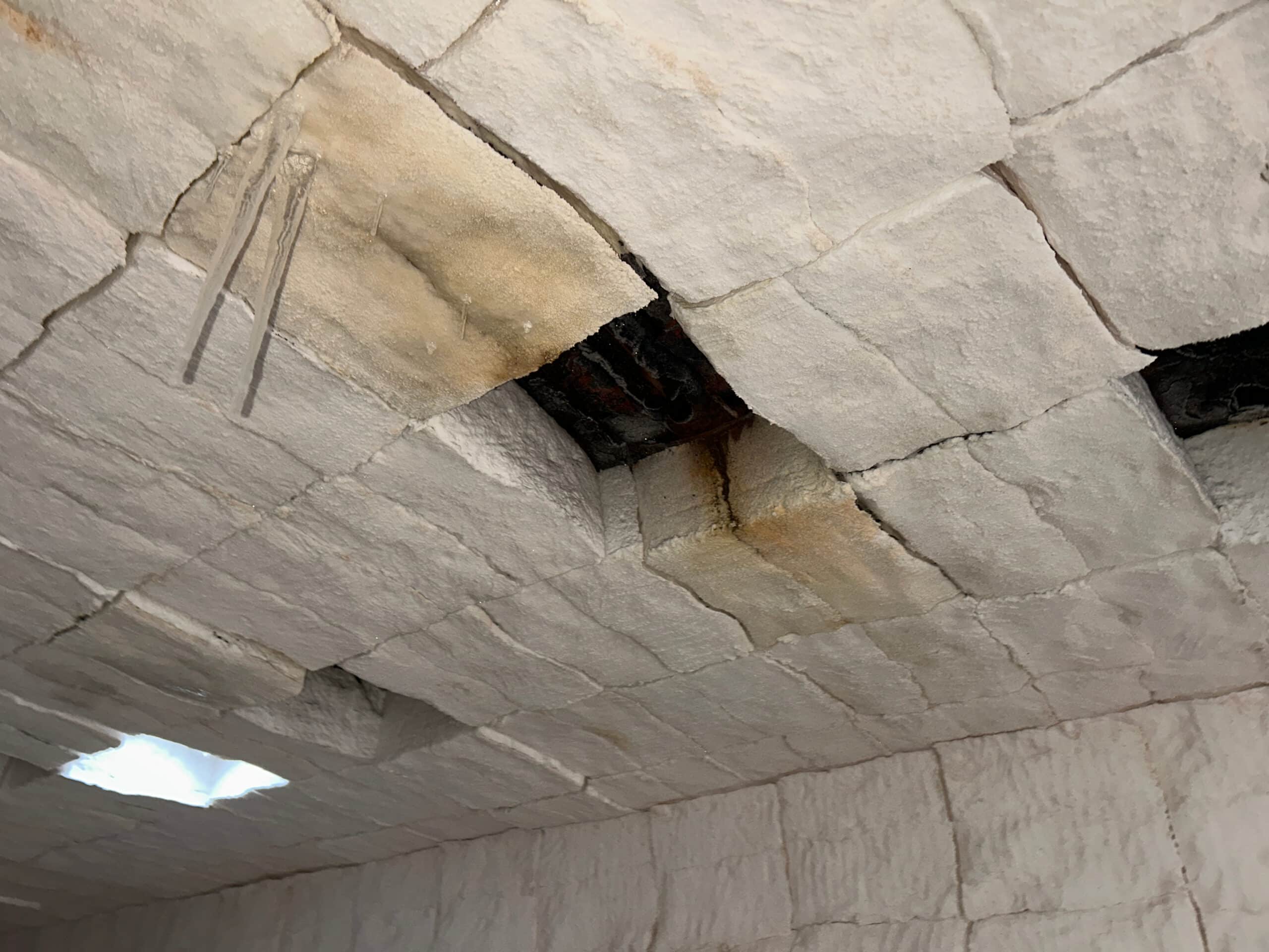 Damaged refractory insulation inside a thermal oxidizer